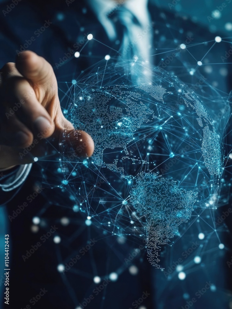 Poster businessman touching digital globe of connected nodes, symbolizing global data network and intellige