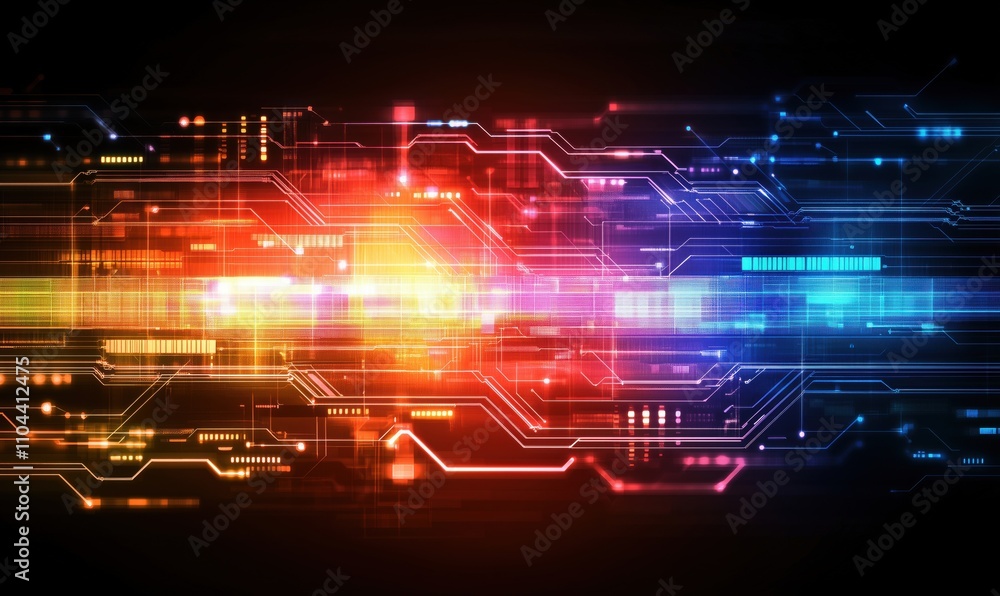 Poster abstract digital technology background with vibrant colors and circuit patterns. bright lines and gl