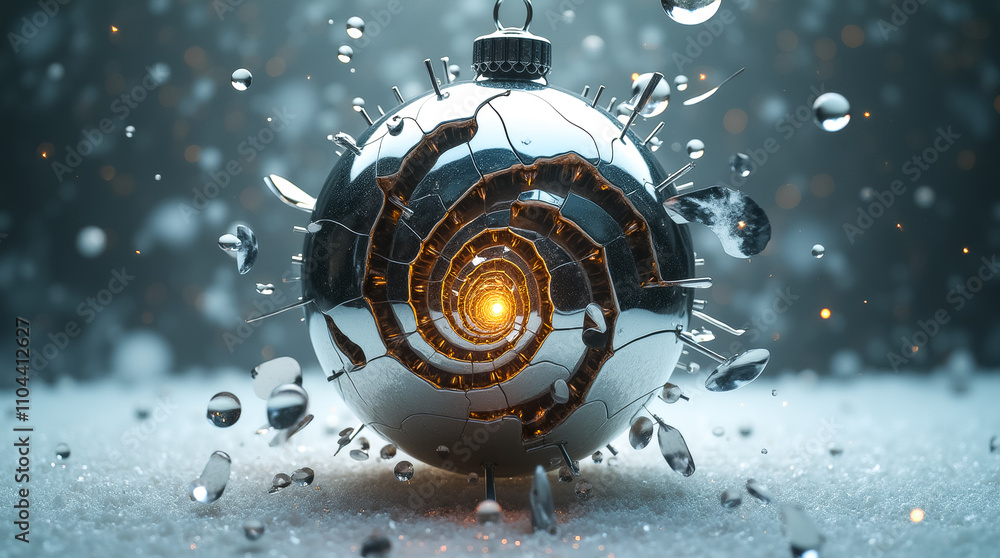Poster a holiday bauble shatters, exposing nested fractal patterns with shards scattered around and droplet