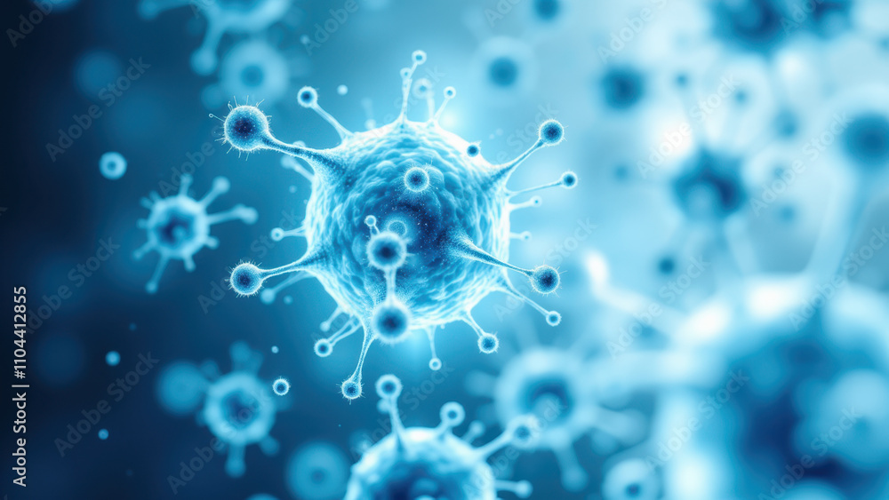 Poster microscopic view of semaglutide molecule with blue background emphasizing its structure and scientif