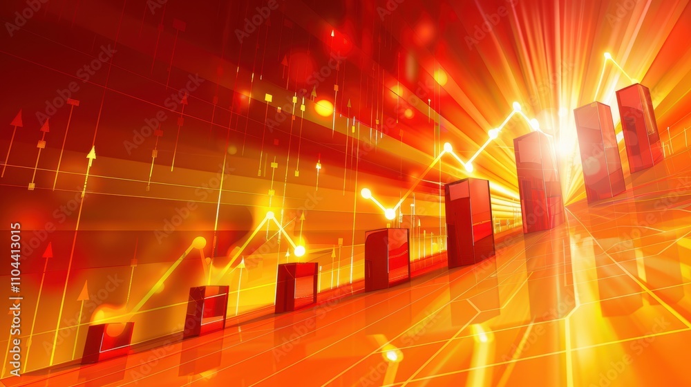 Poster abstract graph illustration with rising bars and dynamic light effects.