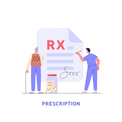 Doctor writes signature. Rx medical prescription for elderly people. Concept of medicine and pharmacy, healthcare, online prescription, disease therapy pills. Vector illustration in flat design