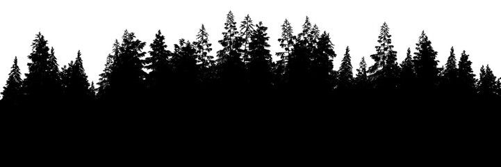 3d rendering of the dense pine forest silhouette on transparent background. Wide seamless nature panorama landscape cutout
