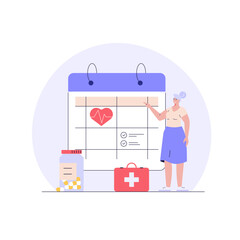 Health Check Up Concept Web Banner. Medical Doctor Examining Senior Patient. Set of Health Old People, Health Calendar, Medical Report and Insurance. Vector illustration for Web Design