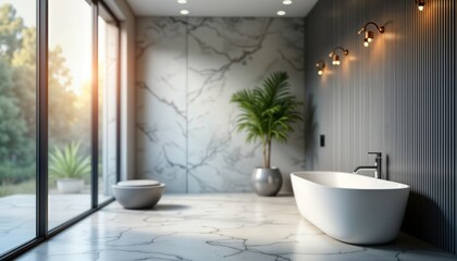 Modern bathroom interior with light marble textures. Large window displays blurred outdoor scenery. Stylish white bathtub sits against dark ribbed wall. Minimalist design with silver, chrome accents.