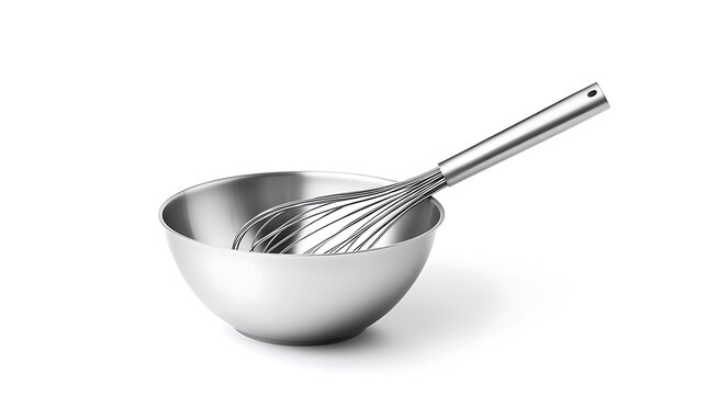 Realistic arrangement of a whisk and mixing bowl, both stainless steel, on a white background