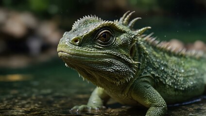 Obraz premium Close-up of a green Chinese water dragon in the water.