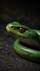 Fototapeta premium Close-up of a green snake on a dark background.