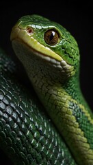 Obraz premium Close-up of a green snake on a dark background.