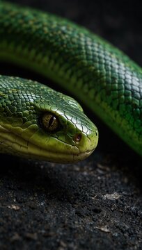 Close-up of a green snake on a dark background.