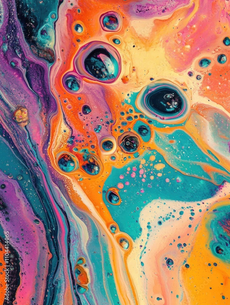 Poster vivid mix of paints creating fluid abstract design with bubbles forming patterns on canvas.