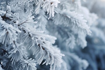 Close-up of a frosted fir branch with intricate ice crystal formations on needles, evoking the serene beauty of winter.