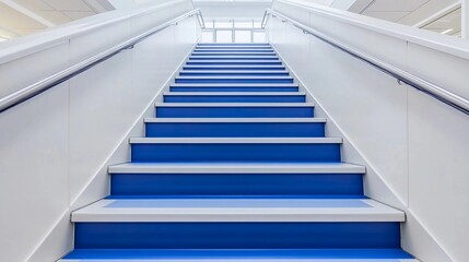Bright blue stairs lead to a well-lit upper level in a modern building interior