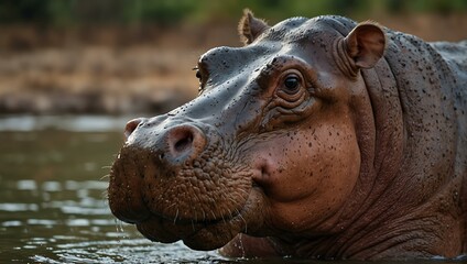 Fototapeta premium Close-up of a hippopotamus in its natural habitat.