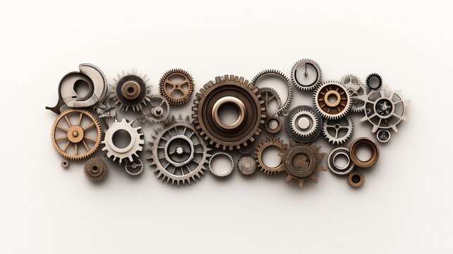 A collection of various interlocking metal gears and cogwheels of different sizes and colors intricately arranged against a neutral background