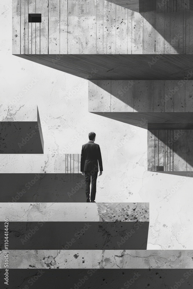 Poster Surreal depiction of a man climbing a staircase in an abandoned city. The image is monochrome with a focus on the geometric design of the stairs and the solitude of the figure.
