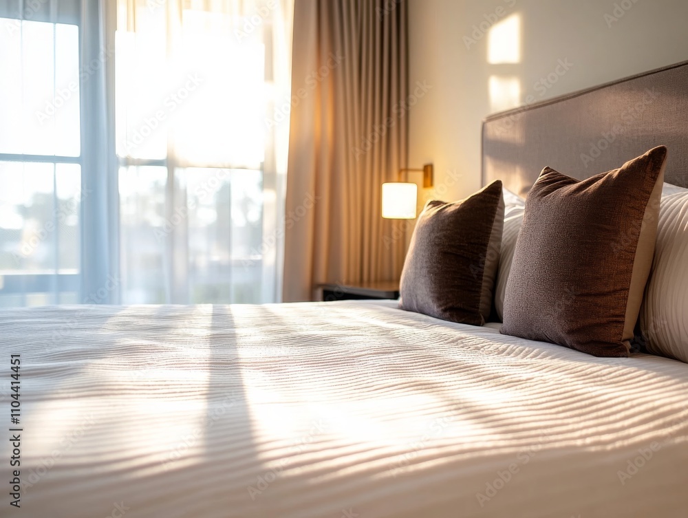 Fototapete morning sunlight streams into a tranquil bedroom, illuminating plush bedding and creating soft shado
