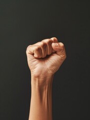 Fist is raised in the air, with the thumb and index finger extended. Concept of strength and determination