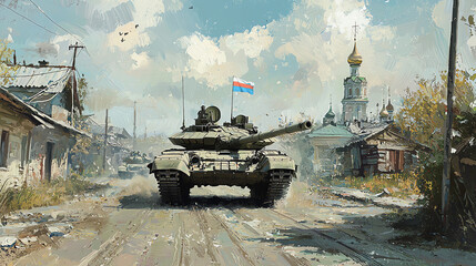 Russian tank advances through Ukrainian village amidst conflict and destruction