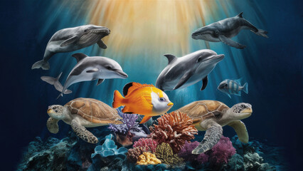 A poster dedicated to World Oceans Day, showing a harmonious combination of marine life. Colorful fish, a dolphin, a sea turtle and a majestic whale coexist in a breathtaking underwater landscape.