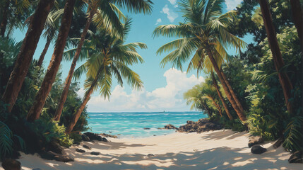 Fototapeta premium Tropischer Strand mit Palmen und ruhigem Ozean im Hintergrund