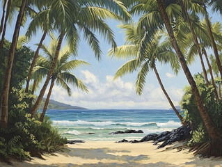Fototapeta premium Tropischer Strand mit Palmen und ruhigem Ozean im Hintergrund