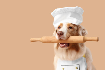 Cute Australian Shepherd dog in chef's uniform with rolling pin on beige background, closeup
