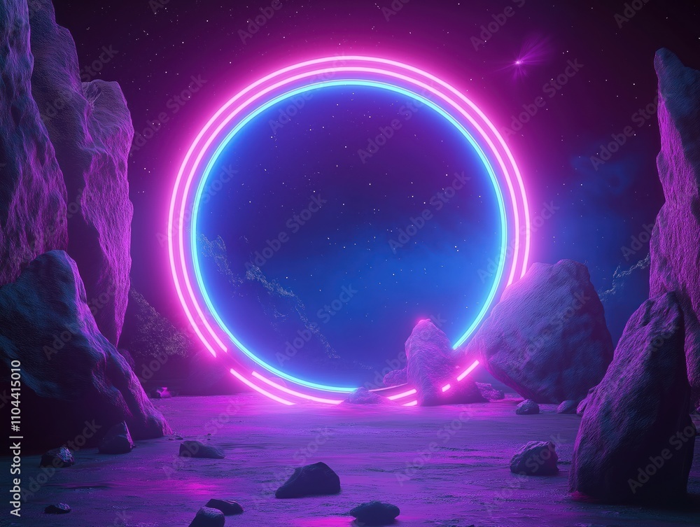 Poster cosmic landscape with glowing round portal. pink, blue neon lights frame round portal in dark space.