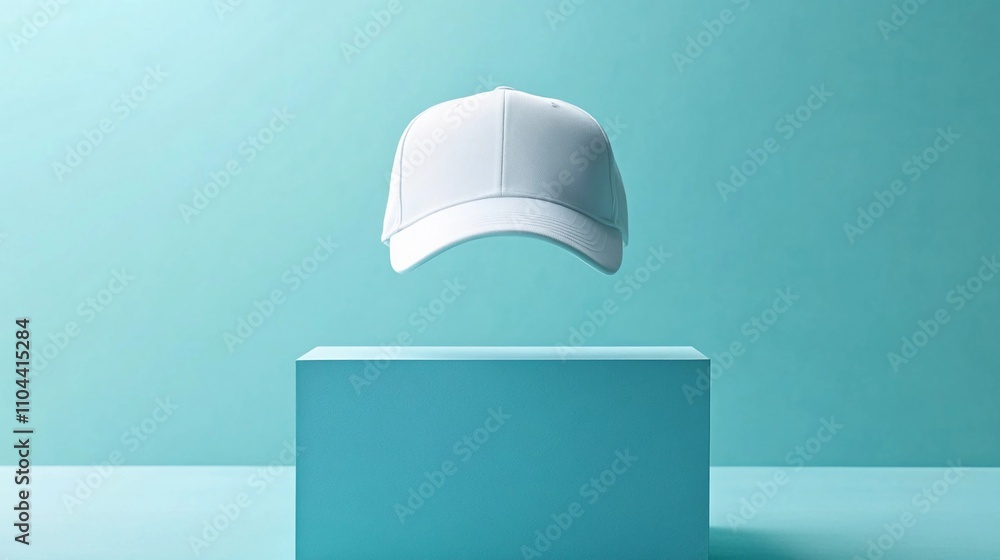 Aufkleber white cap floating above a light blue block in a minimalistic indoor setting during daytime