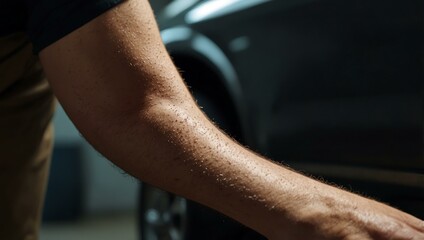 Close-up of a man detailing a car in the garage.