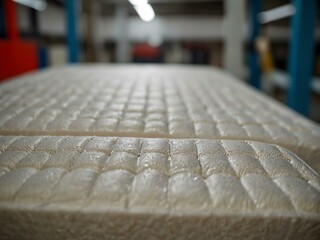 Close-up of a mattress on a production line.