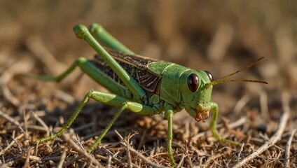 Close-up of a Melanoplus grasshopper on dry grass.