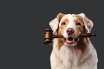 Cute Australian Shepherd dog with judge's gavel on black background, closeup