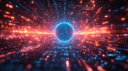 Fototapeta premium Here's a and keyword list for your stock photo submission.. Abstract digital tunnel with glowing sphere, representing data flow and connectivity.