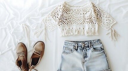 bohemian Coachella outfit featuring a crochet crop top, high-waisted denim shorts, and ankle boots on a white background, showcasing the intricate crochet pattern and casual, festival vibe