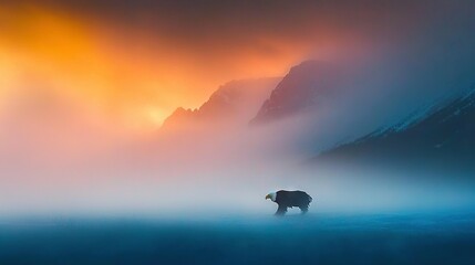 Fototapeta premium A foggy bear stands alone in a watery expanse, surrounded by towering mountains
