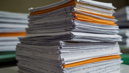 Close-up of a pile of documents on an office desk.