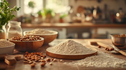 Fototapeta premium Ingredients for baking scattered on a rustic kitchen counter.