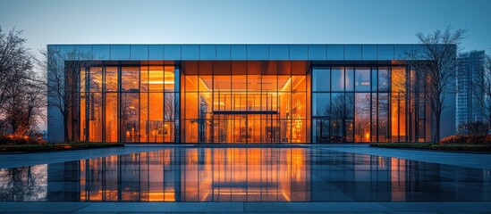 Fototapeta premium Modern glass building at dusk, reflecting in water.