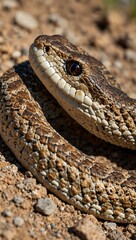 Obraz premium Close-up of a rattlesnake coiled in its desert habitat.