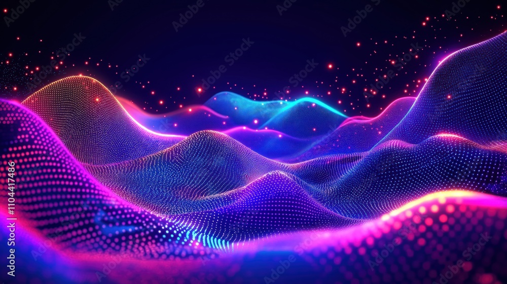 Fototapete Abstract tech landscape with neon waves. Vivid colors, glowing particles create digital landscape. Futuristic virtual landscape with glowing points. Innovative mesh pattern, dynamic tech waves.