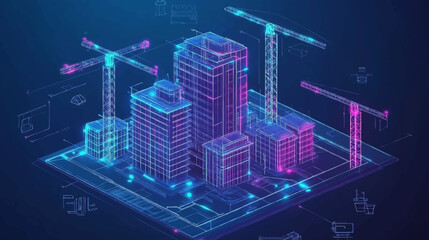 Futuristic infrastructure of a smart night city. Residential urban buildings for isometric innovation flat design. Smart city vector illustration of town with digital communication technology.