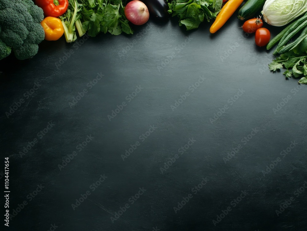 Poster assorted fresh vegetables and fruits are artistically arranged on a dark surface, highlighting their