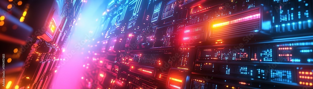 Poster dynamic futuristic abstract digital display virtual environment high-tech graphics illuminated desig