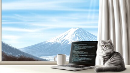 A grey cat and parrot sit by a laptop on a desk, offering a view of snow-covered Mount Fuji through a large window