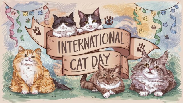 A banner dedicated to the International Cat Day. The banner depicts cats of different breeds in various poses, including a Persian cat, a Siamese cat and a Maine Coon, all of them smiling and purring. - Powered by Adobe