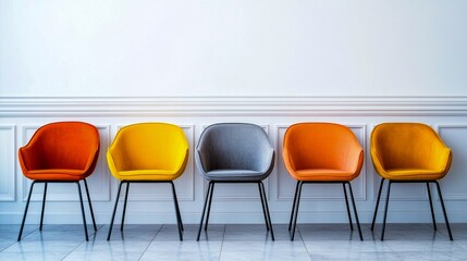 Modern chairs of various colors line up against a pristine white wall.