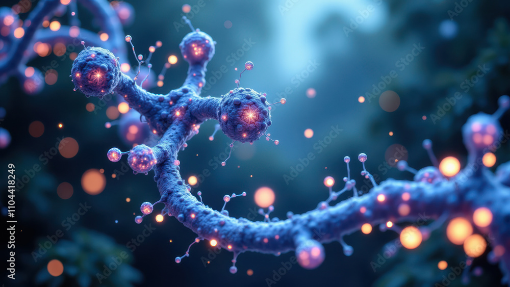 Poster an artistic representation of the molecular structure of semaglutide with a glowing, dynamic backgro