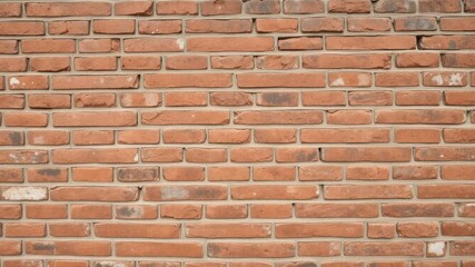 Weathered and rustic red brick wall with rough texture and visible mortar lines, red