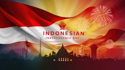 A banner dedicated to Indonesia's Independence Day. The Indonesian flag, traditional Indonesian buildings and landmarks such as the Merdeka Palace and the National Monument.